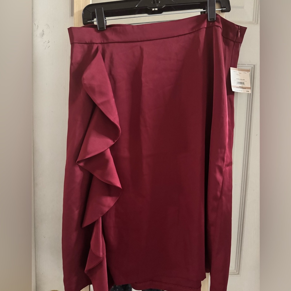 Anne Klein Satin Pencil Skirt with Side Ruffle - Burgundy